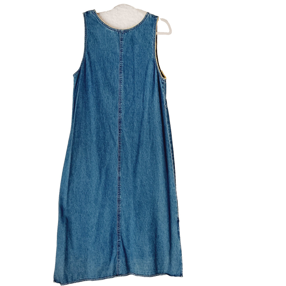 Dress Maxi Denim Embroidered Flowers Blue Yellow Shaver Lake Side Slits Size M - Picture 2 of 6